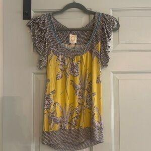 Ric Rac Anthropologie Ruffle Top, Yellow Floral, Size Small